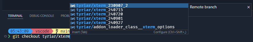 Screenshot that shows completions for "git checkout tyriar/xterm", showing several results, including fuzzy results that don't match the query exactly.