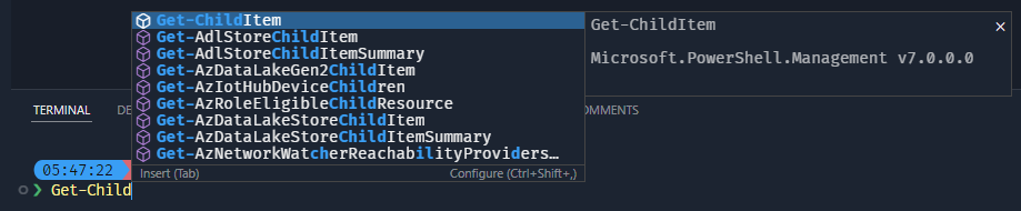 Screenshot that shows the completion for Get-ChildItem, showing the module Microsoft.PowerShell.Management and its version.