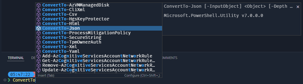 Screenshot that shows the completion for ConvertTo-Json, showing the signature of the command.