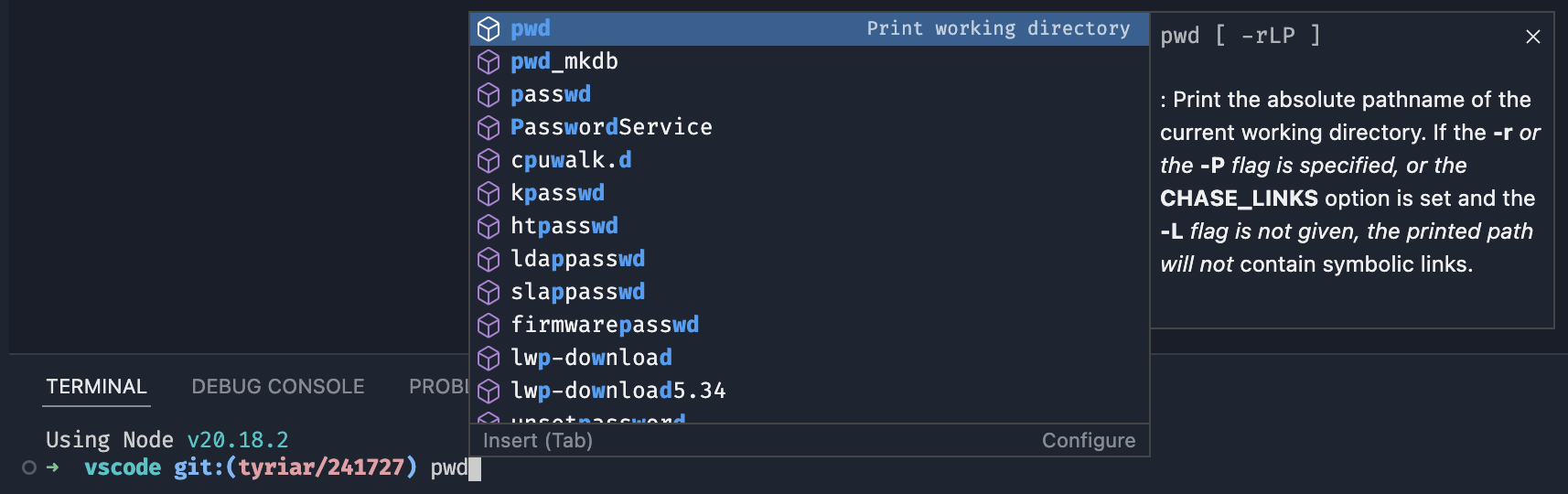 Screenshot that shows completions in zsh, displaying detailed information from the manpage.