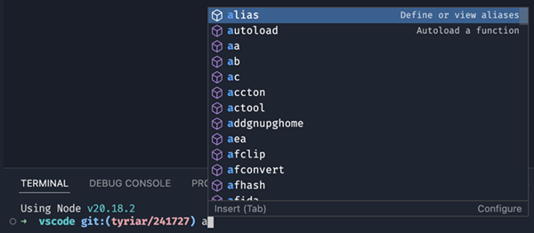 Screenshot that shows the more useful alias and autoload commands showing before others in zsh.